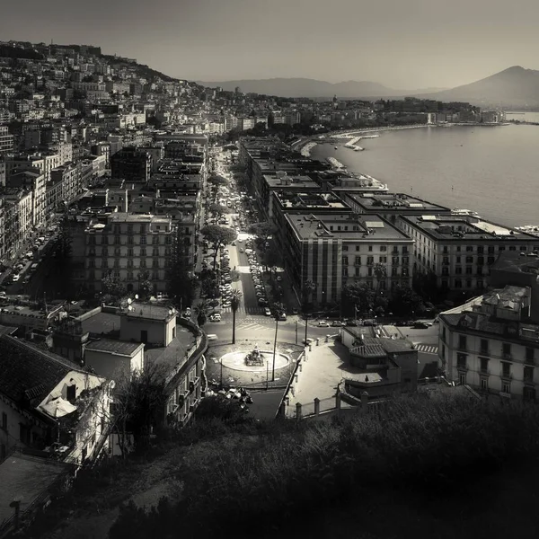Eine Schwarz Weiß Luftaufnahme Der Straßen Gebäude Und Des Meeres — Stockfoto