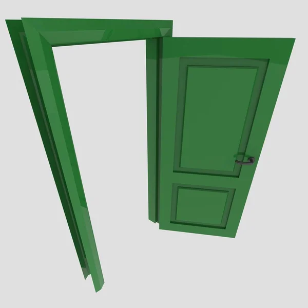 Yeşil Set Ahşap Kapı Illüstrasyonu Farklı Açık Kapalı Izole Beyaz — Stok fotoğraf