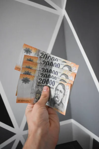 一只手拿着2万匈牙利福林钞票靠在灰墙上的垂直拍 — 图库照片