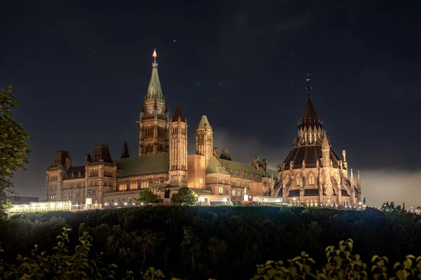 Long Exposure Shot Fireworks Show Parliament Hill Night Downtown Ottawa — Stock Photo, Image