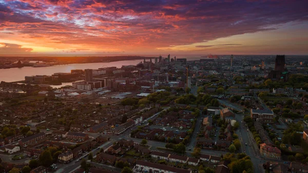 Drone Aéreo Disparado Paisagem Urbana Liverpool Reino Unido Pôr Sol — Fotografia de Stock