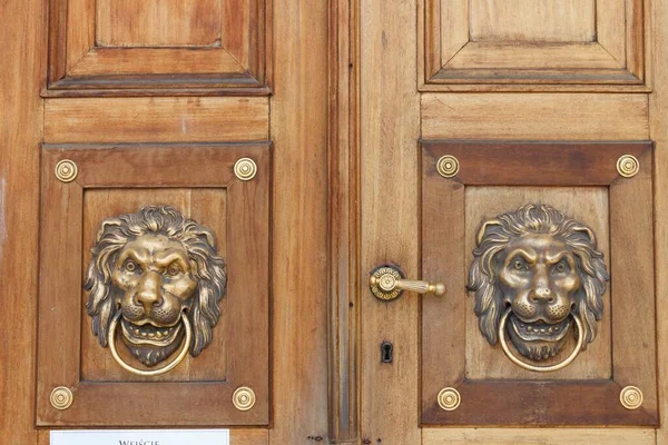 Eine Nahaufnahme Einer Holztür Mit Löwengriffen Palast Auf Der Insel — Stockfoto