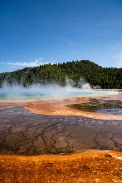 Vertical View Colorful Geyser Fog Grand Prismatic Hot Spring Wyoming — Stock Photo, Image