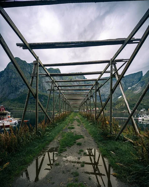 Impalcatura Legno Nel Villaggio Pescatori Reine Lofoten Norvegia — Foto Stock