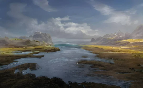 Ett Vackert Illustrerat Fantasilandskap Med Flod Omgiven Klippor Gul Dal — Stockfoto