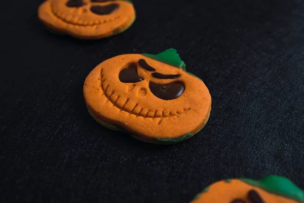Closeup Halloween Cookies Black Background — Stock Photo, Image