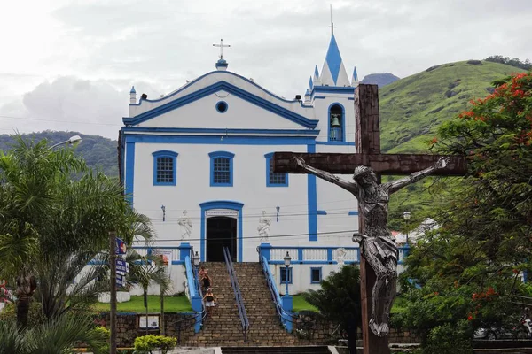 Iglesia Azul Blanca Nuestra Señora Del Socorro Ilhabella Brasil Con — Foto de Stock