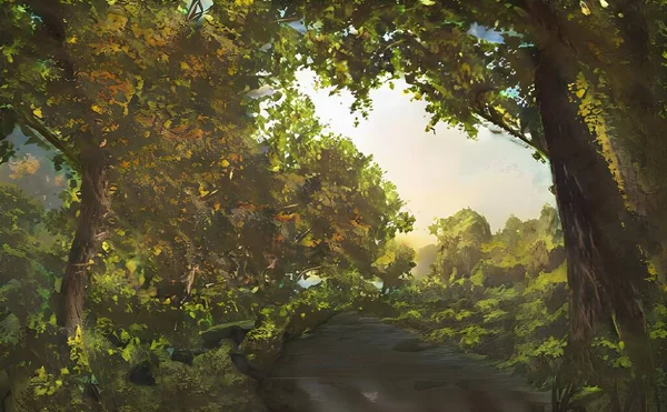 Красивый Иллюстрированный Фантастический Пейзаж Безмятежным Лесом Ярко Зеленых Деревьев Ясным — стоковое фото