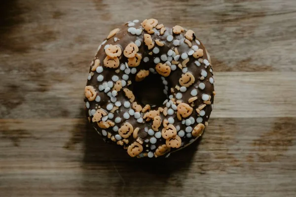 Closeup Shot Freshly Baked Donut Glazed Chocolate Decorated Tiny Jack — Stock Photo, Image