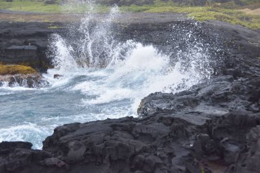 Dalgalar sahildeki kayalara çarpıyor.