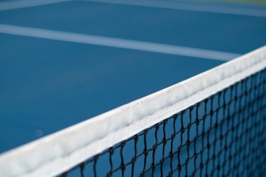 Güneşli bir günde, arka planda bulanık bir tenis ağıyla yakın çekim.