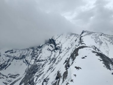 Kanada Alberta 'da karla kaplı dağın üzerinde bulutlu bir gökyüzünün güzel bir manzarası..