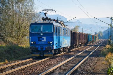 CD Kargo 'dan 372 sınıfı bir lokomotif Elbe Vadisi' nden Bad Schandau 'ya bir yük treni sürüyor..