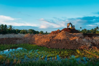 Filipinler 'deki inşaat alanında mavi gökyüzüne karşı palmiye ağaçları var.