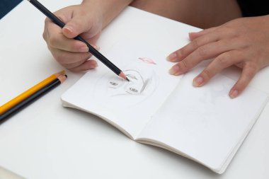 Bir kadın el çiziminin ve defterde bir yüz çiziminin yakın plan fotoğrafı.