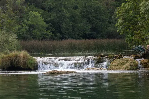 Uma Vista Deslumbrante Uma Pequena Cachoeira Com Rochas Rio Grama — Fotografia de Stock