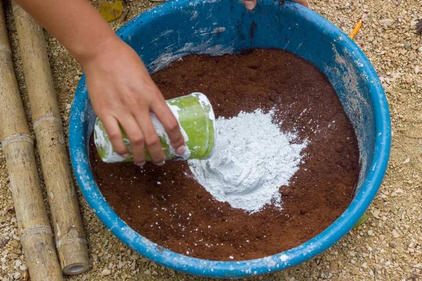 Hand Person Pouring White Powder Container Soil — Stock Photo, Image