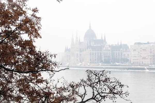 Vue Édifice Parlement Budapest Vue Travers Brouillard Dense Hongrie — Photo