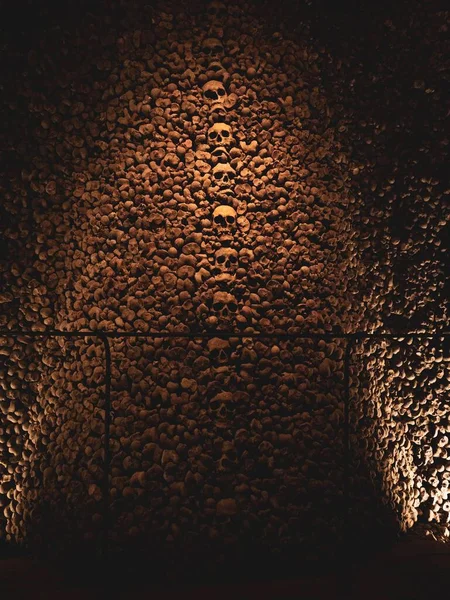 位于捷克共和国布尔诺的地下骨库中 一堵有骷髅的照明墙的垂直视图 — 图库照片