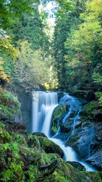 Eine Vertikale Langzeitbelichtung Des Malerischen Triberger Wasserfalls Umgeben Von Vegetation — Stockfoto