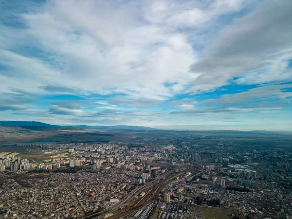Aerial View Tbilisi Cityscape Green Mountains Blue Cloudy Sky Horizon — Stock Photo, Image