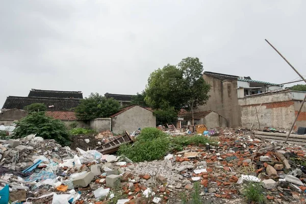 Ruined Village Full Trash Pieces Bricks Flood — Stock Photo, Image
