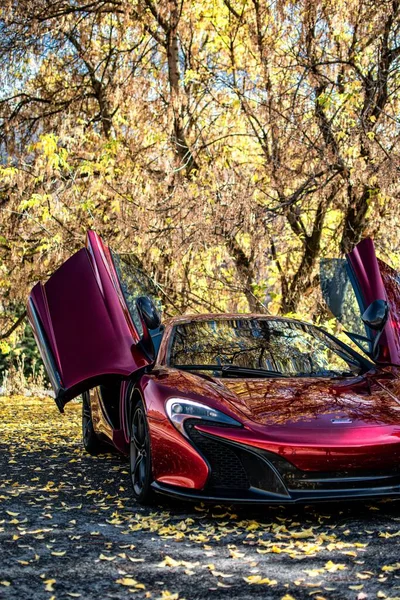 Red Mclaren 650S Exotic Car Autumn Forest Colorful Trees Vertical — Stock Photo, Image