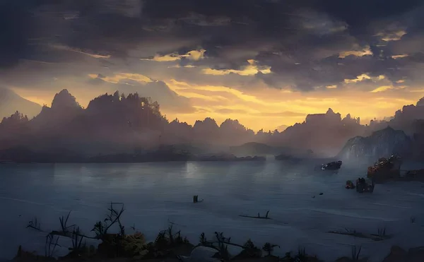 一个美丽的图画般的黑暗幻想景观 一个平静的湖面 在日落时被群山的轮廓所环绕 — 图库照片