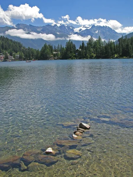 Plan Vertical Lac Calme Entouré Céréales Avec Des Montagnes Enneigées — Photo