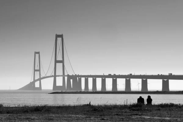 Gråskalig Bild Storebaelt Bridge Danmark — Stockfoto