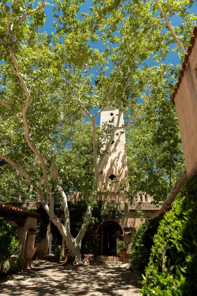 Eine Vertikale Aufnahme Eines Mediterranen Innenhofs Mit Vielen Bäumen — Stockfoto