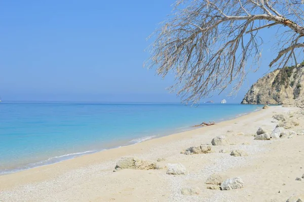 그리스 레프카다의 오른쪽에 모래와 나뭇가지들이 있는에 해변의 — 스톡 사진