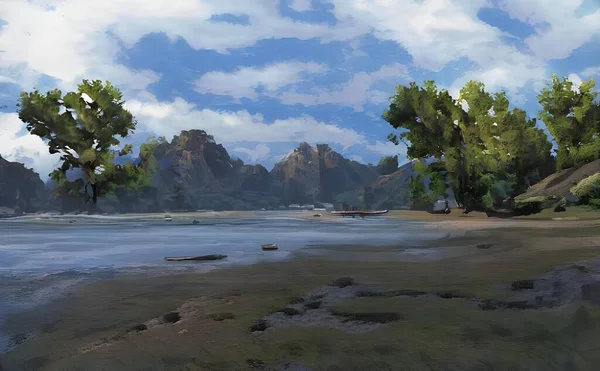 Красивый Иллюстрированный Фантастический Пейзаж Яркими Зелеными Деревьями Скалами Пляже Облачным — стоковое фото