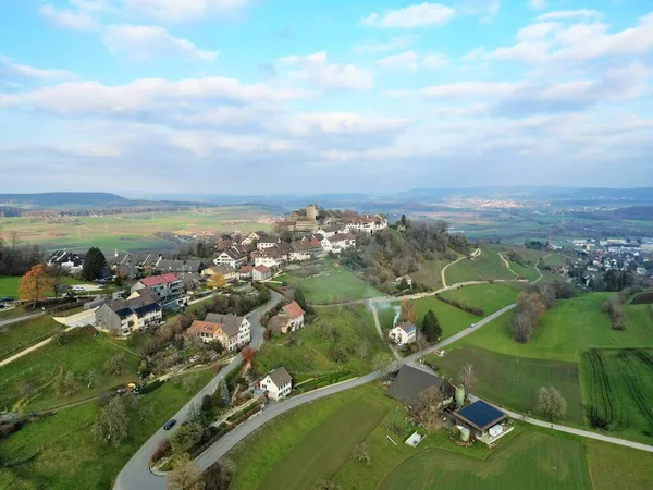 Beautiful Aerial View Regensberg Castle Front Fields Buildings — Stock Photo, Image