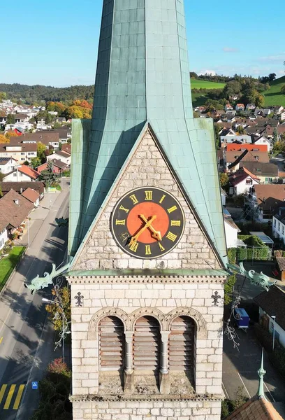 Frumoasă Închidere Ceasului Clădirea Turnului Bisericii Sebastian Din Wettingen — Fotografie, imagine de stoc