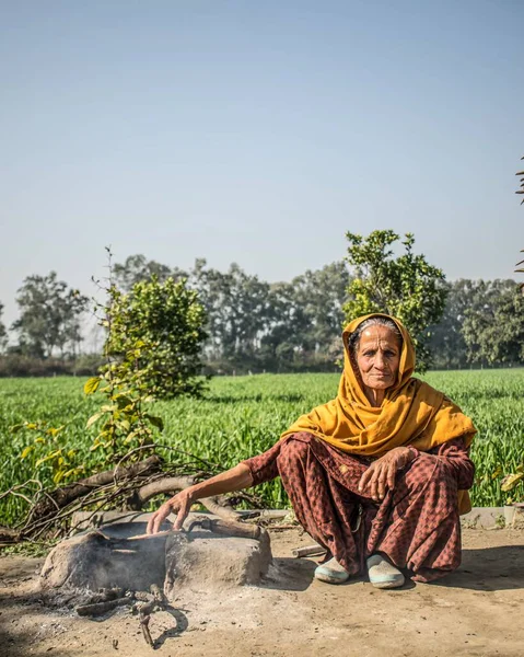 Een Verticaal Shot Van Een Indiase Moeder Kokend Etenswaar Boerderij — Stockfoto