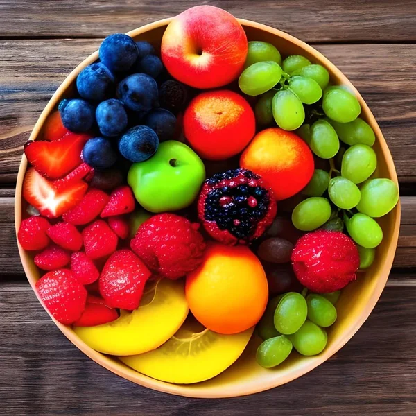 木製のテーブルの上に様々な果物や果実のボウルのトップビュー — ストック写真