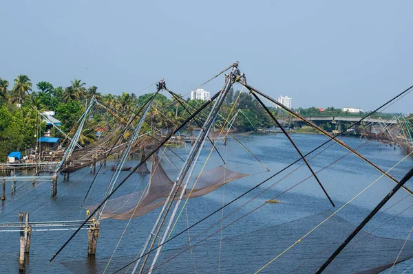 Les Filets Pêche Dans Une Mer Port Avec Des Palmiers — Photo
