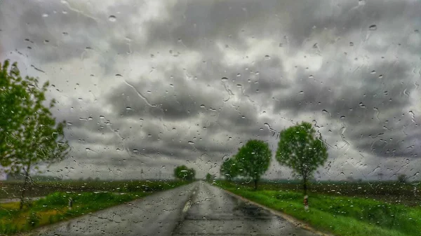 一条被树木环绕的柏油路 在雨中看到一辆汽车后面有雨点 — 图库照片