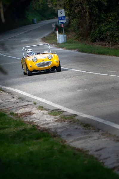 Żółty Samochód Ustawiony Podczas Pod Górkę Bieg Włoskiego Mistrzostwa Pesaro — Zdjęcie stockowe