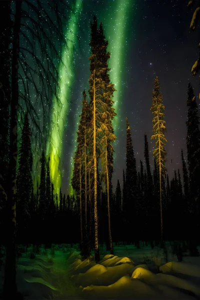 ノルウェーの夜のオーロラの現象と背の高い常緑樹の垂直ショット — ストック写真