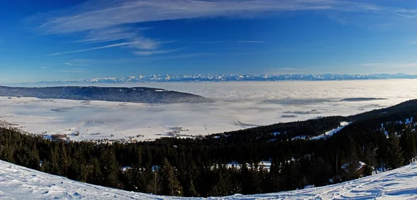 森の上の雪の山の上からの眺めと青空の下の雲 — ストック写真