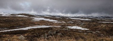 Norveç 'teki Hardangervidda Ulusal Parkı boyunca 7. Yol yakınlarındaki karlı karlı arazinin panoramik bir görüntüsü.