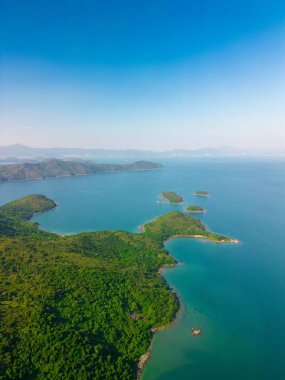 Bir denizin yeşil kaplı kıyılarının dikey drone görüntüsü, arka plan için serin