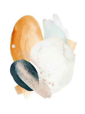 Mavi, gri, turuncu ve altın renkli elementlerin yer aldığı dijital bir suluboya sanatı