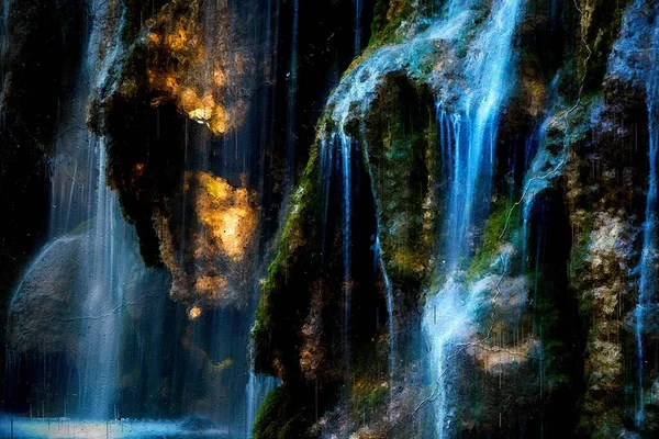 Affascinante Dipinto Acqua Che Scorre Rocce Muschiate Una Foresta Magica — Foto Stock