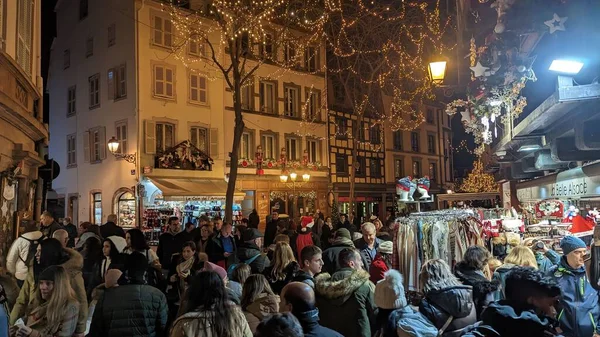 Primer Plano Gente Abarrotada Las Calles Los Mercados Navidad Para — Foto de Stock