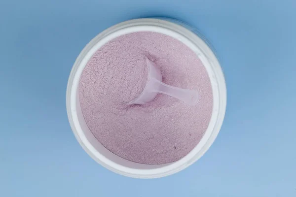 Pink Protein Powder Spoon Blue Background — Stock Photo, Image