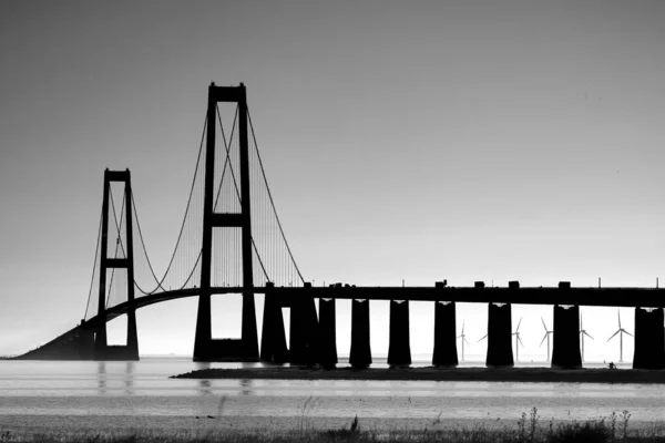 Graustufenaufnahme Der Storebaelt Brücke Dänemark — Stockfoto