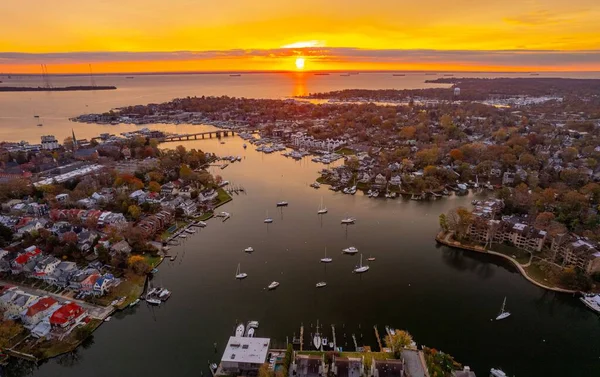 Aerial Shot Annapolis Harbor Chesapeake Bay Sunset — Stock Photo, Image